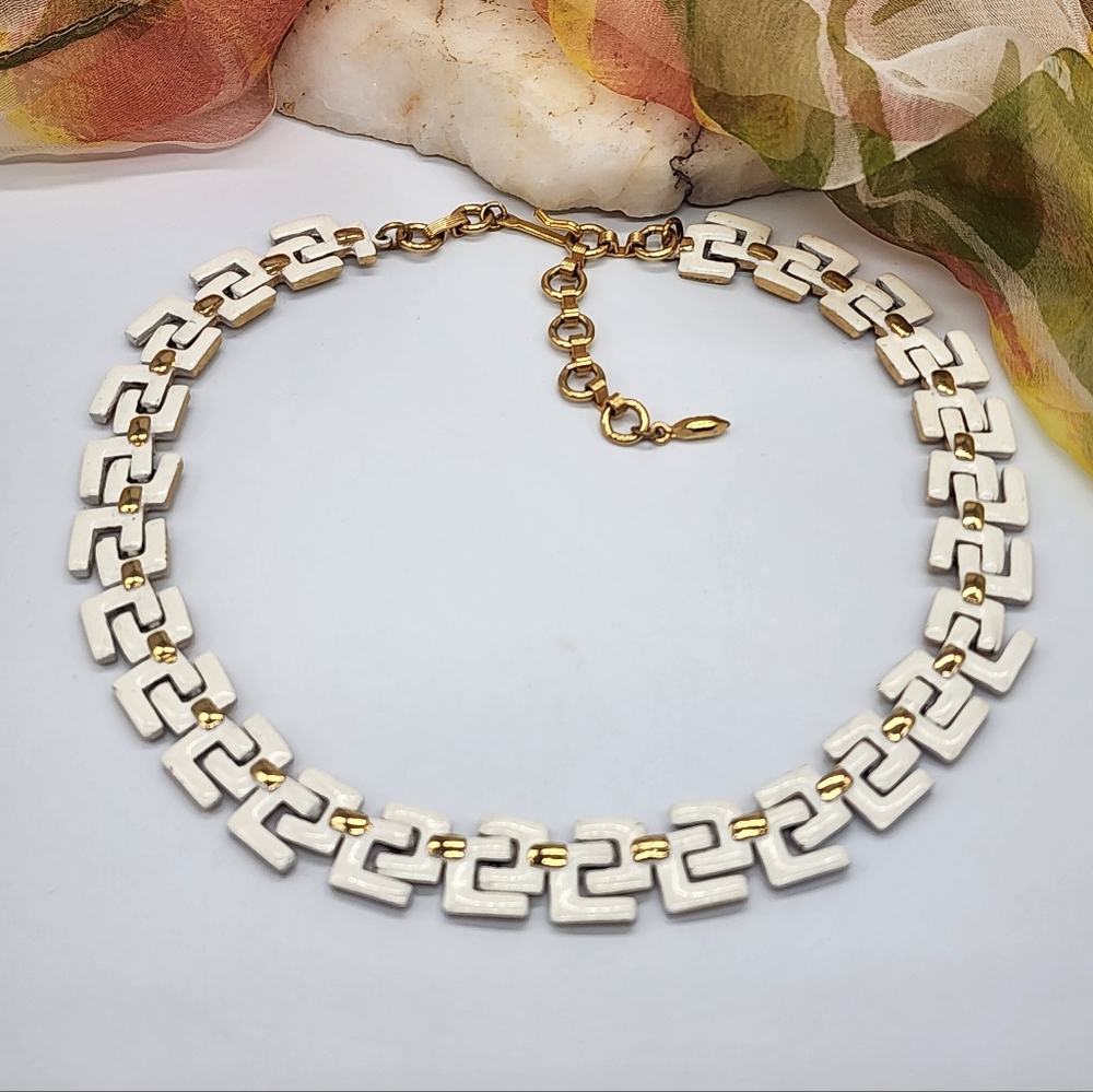 Gold Necklace Statement Gold Greek Key White Enamel Link Chain Chunky Bold - Picture 11 of 13
